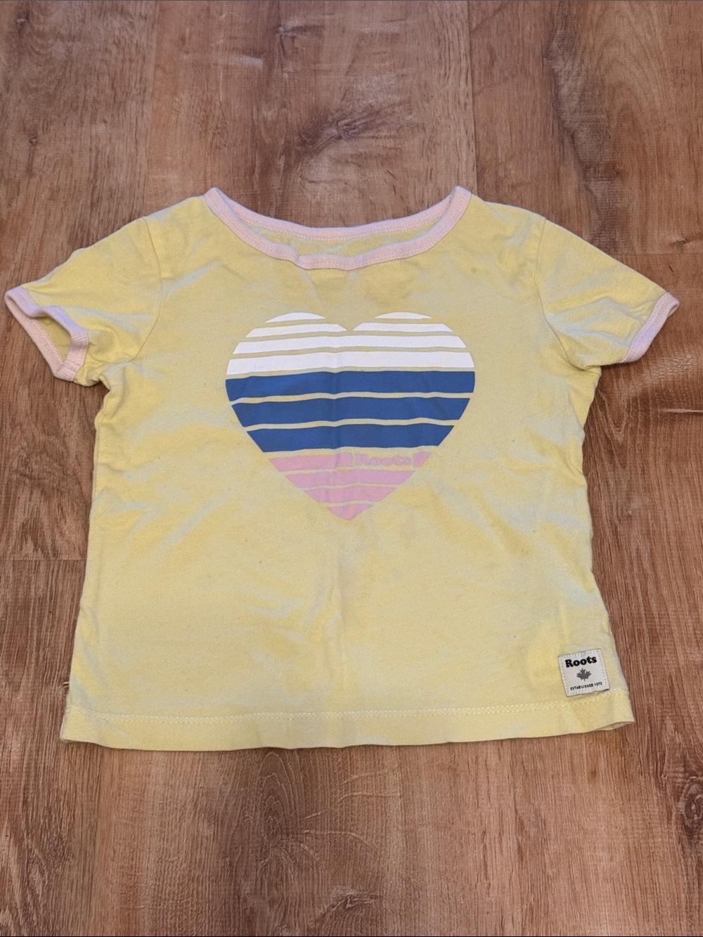 Roots Yellow Tee with Striped Heart Graphic and Pink Trim